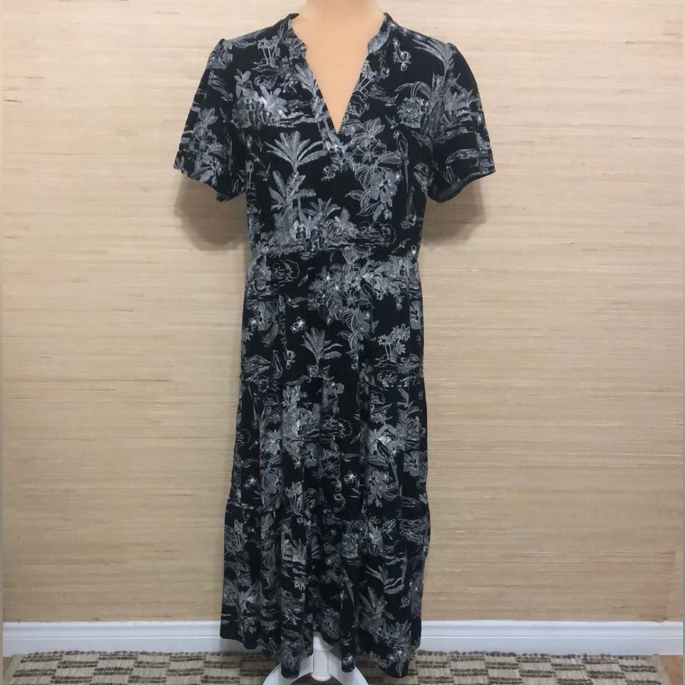 Nicole Miller Women’s Black Linen Floral Tropical Print Tiered Maxi Dress Lg